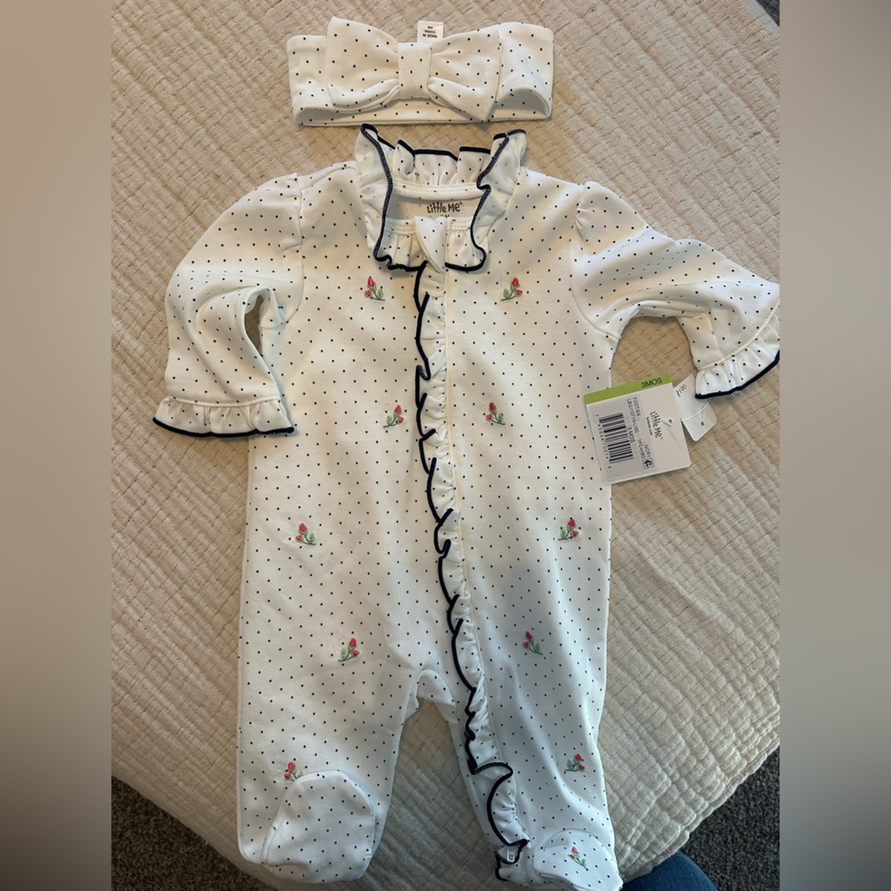 Little Me White Romper with Black Dots and Floral Details